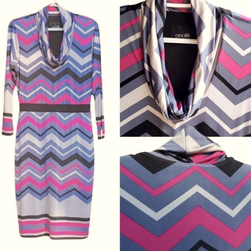 Analili Cowlneck Lightweight Chevron Silky Cool Feel Stretchy Slipon Dress S